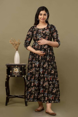 GUNINI Women Floral Print Anarkali Kurta(Black)