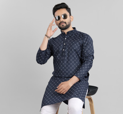 SHAJARA Men Geometric Print Straight Kurta(Dark Blue)