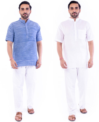 DESHBANDHU DBK Men Solid Straight Kurta(White, Blue)