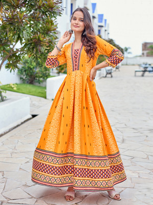 ARADHNA Women Printed Anarkali Kurta(Yellow)