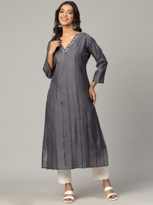 4U Fashion Women Self Design Straight Kurta(Grey)