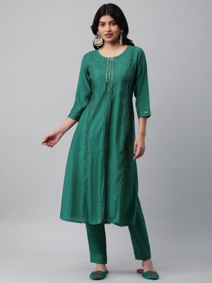 KAMI KUBI Women Solid A-line Kurta(Green, Gold)