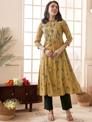 ANOUK Women Printed A-line Kurta(Yellow)
