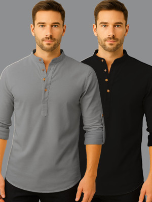 indirae Men Solid A-line Kurta(Grey)