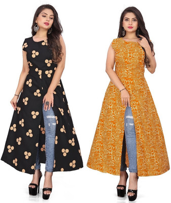 Hiral Creation Women Printed Frontslit Kurta(Black)