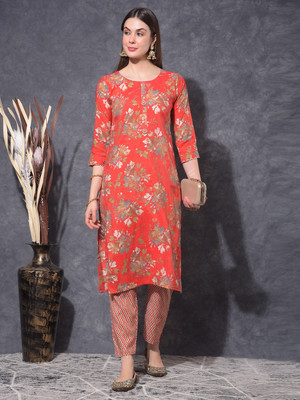 Mamoose Women Floral Print Ethnic Dress Kurta(Red)