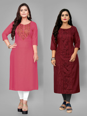 Fabriza Women Embroidered A-line Kurta(Pink, Maroon)