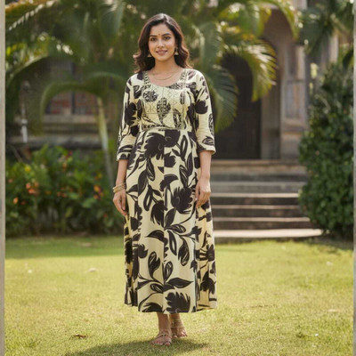 Reyza Women Printed, Floral Print Anarkali Kurta(Beige, Black)