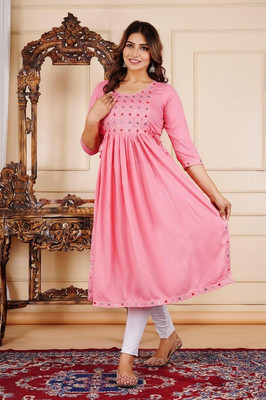 Rajoriya Women Embroidered A-line Kurta(Pink)
