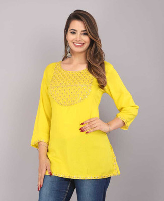 SAINI CREATION Women Embroidered Straight Kurta(Yellow)