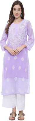 Ekkambar Women Chikan Embroidery Straight Kurta(Purple)