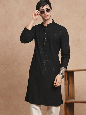 SWAGG INDIA Men Embellished Straight Kurta(Black)
