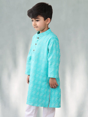 Kinder Kids Boys Self Design, Striped, Embellished Straight Kurta(Light Blue)