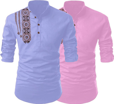 Kavyangle Creation Men Printed Straight Kurta(Blue, Pink)