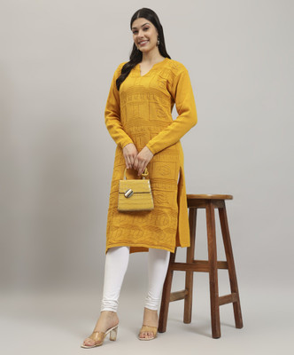 HERMISTON Women Solid Straight Kurta(Yellow)