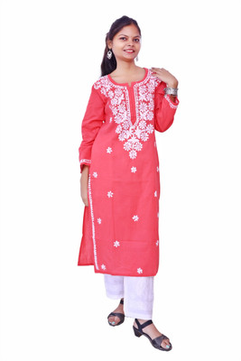 Ah creation Women Chikan Embroidery A-line Kurta(Orange)
