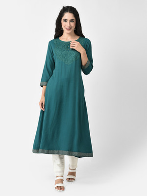 Span Women Self Design A-line Kurta(Green)