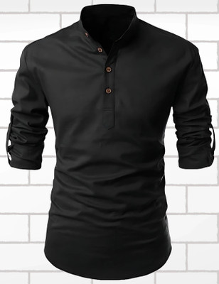 krishu Men Solid Straight Kurta(Black)