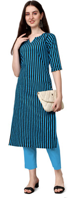 ANIRAV Women Striped Straight Kurta(Blue)