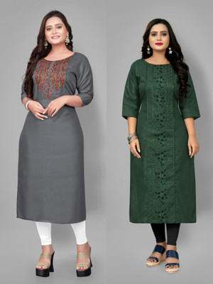 Fabriza Women Embroidered A-line Kurta(Grey, Green)