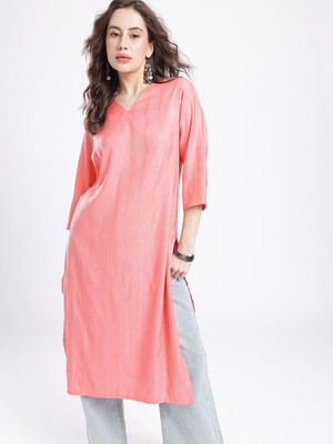 Anouk Rustic Women Striped Straight Kurta(Pink)