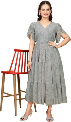 Parth Creation Women Printed Flared Kurta(Grey)
