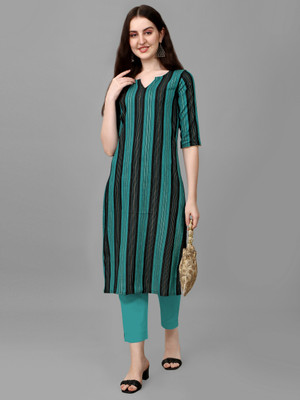 Nirvaan Women Striped Straight Kurta(Black, Green, Gold)