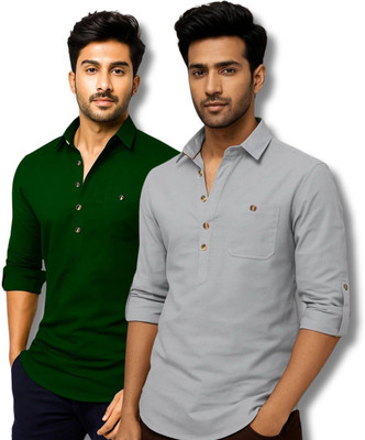ClothTheory Men Solid Straight Kurta(Green, Grey)