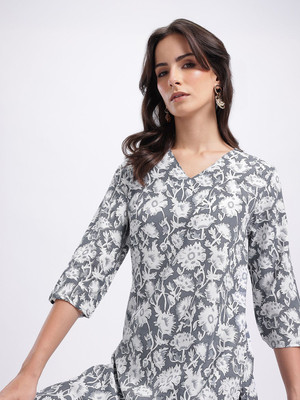 Anouk Rustic Women Floral Print Straight Kurta(Grey, White)