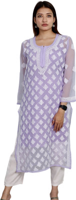 INDICRAFT Women Chikan Embroidery Straight Kurta(Purple)