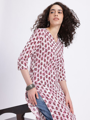 Anouk Rustic Women Printed Straight Kurta(White, Maroon)