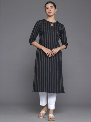 LIBAS Women Striped Straight Kurta(Dark Blue, Grey)