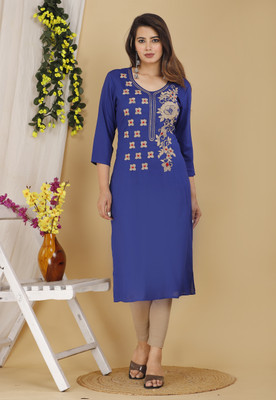 Mehsoos Women Embroidered Straight Kurta(Blue)