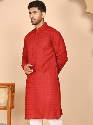 ANOUK Men Embroidered Straight Kurta(Red)
