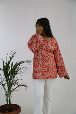 aanzri Women Printed, Floral Print, Geometric Print A-line Kurta(Red)