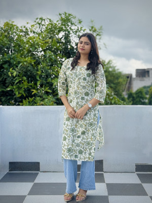 Kurtiking Women Printed Straight Kurta(Green)