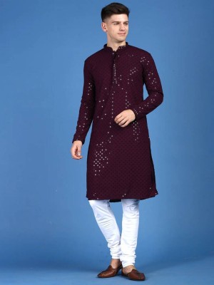 TRADITIONAL ANDAAZ Men Chikan Embroidery Straight Kurta(Purple)