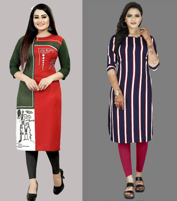 maruti fab Women Striped A-line Kurta(Red, Purple)