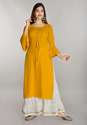 DEVIDINO Women Solid Straight Kurta(Yellow)
