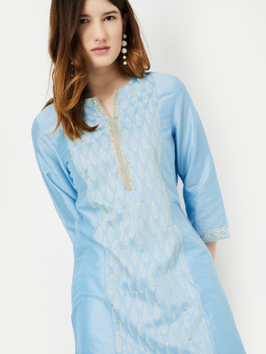 MAX Women Printed Straight Kurta(Blue)