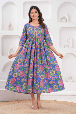 VASTRAM Women Floral Print, Printed A-line Kurta(Blue, Pink)