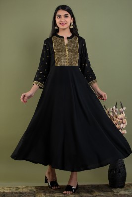 MF HAYAT Women Embroidered Gown Kurta(Black)