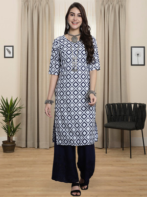 1 Stop Fashion Women Printed A-line Kurta(Blue, White)