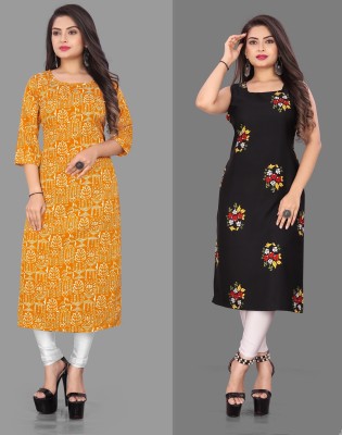 maruti fab Women Printed Straight Kurta(Black, Yellow)