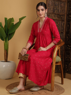Gulmohar Jaipur Women Solid Flared Kurta(Pink)