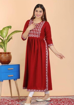AAJ Women Embroidered Anarkali Kurta(Maroon, White)