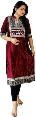 Touch Of Kutch Women Patchwork, Printed Straight Kurta(Black)