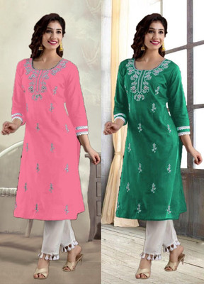vikshi Women Chikan Embroidery Straight Kurta(Multicolor)