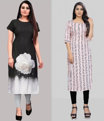 maruti fab Women Striped, Floral Print Straight Kurta(White, Pink, Black)