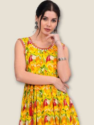 mk creation Women Printed Anarkali Kurta(Yellow)